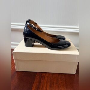 Sezane Ashley Babies Patent Ankle Strap Block Heel Pumps